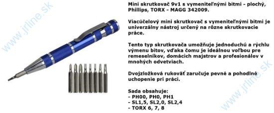 Obrázok pre 20/MA-342009 Mini Skrutkovač 9v1 VymenéBiti