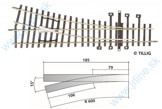 Obrázok pre 64/82321 Výhybka PRAVÁ 15°*185mm Pr600